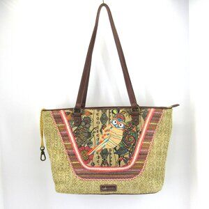 Sakroots Meadow Medium Beige and Multicolor Satchel with Embroidered Owl